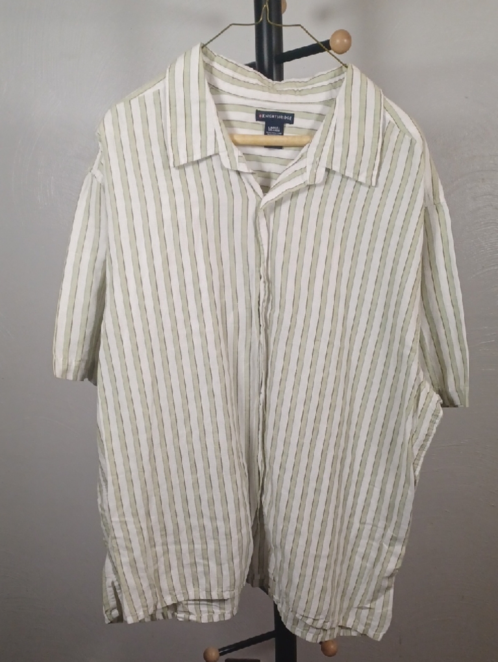 Knightsbridge Green Striped Linen Blend Short Sleeve Button Down Size Large